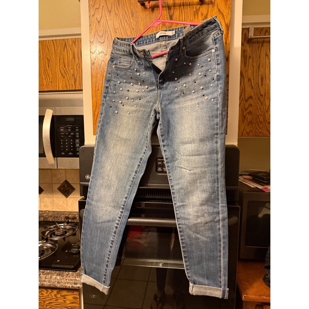 Justfab Women Blue Pearl Studded Skinny Jeans Medium Wash Denim Size 28‎